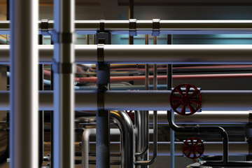 Industrial background. Industrial texture with pipes. Steel pipeline In dark basement. Metal pipes with red round valves. Background from pipes in production room. Boiler equipment. 3d rendering.