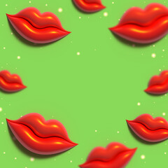 Frame with 3D red lips and sparkles