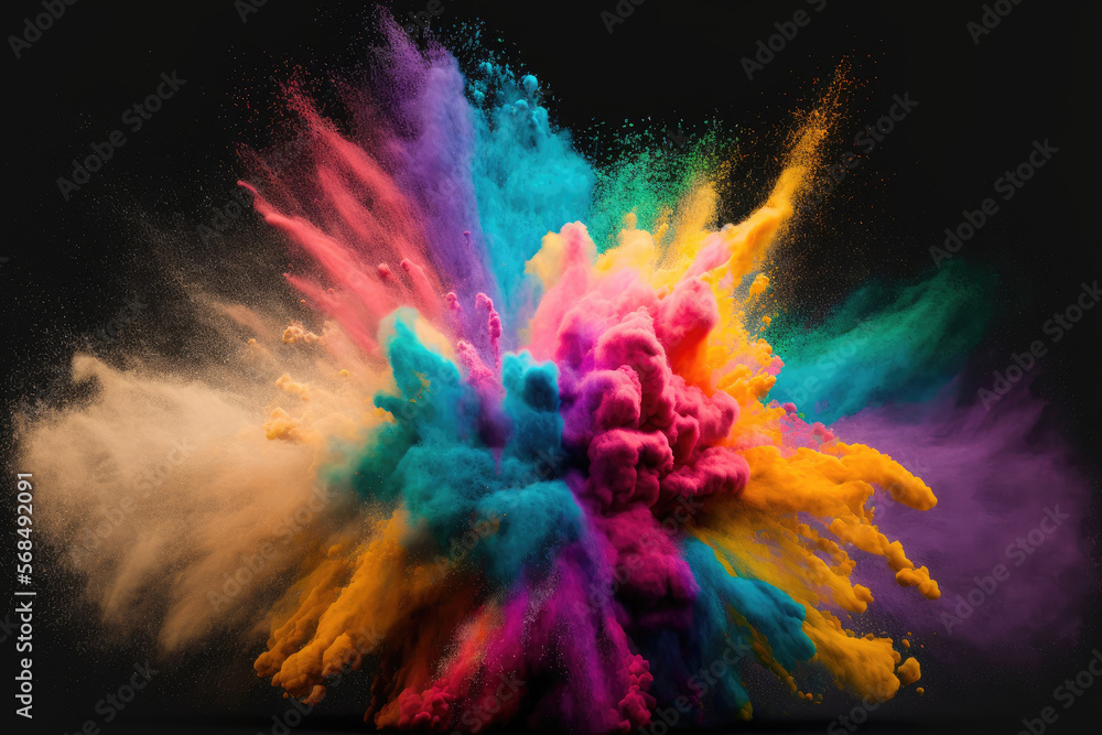Poster powder explosion with color. abstract close up of background with dust. vibrant explodes holi paints