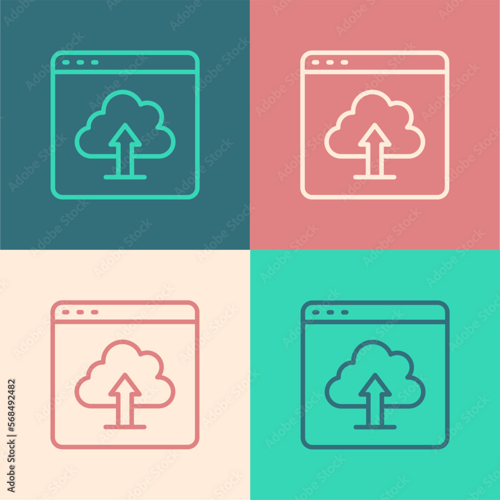 Poster pop art line cloud upload icon isolated on color background. vector
