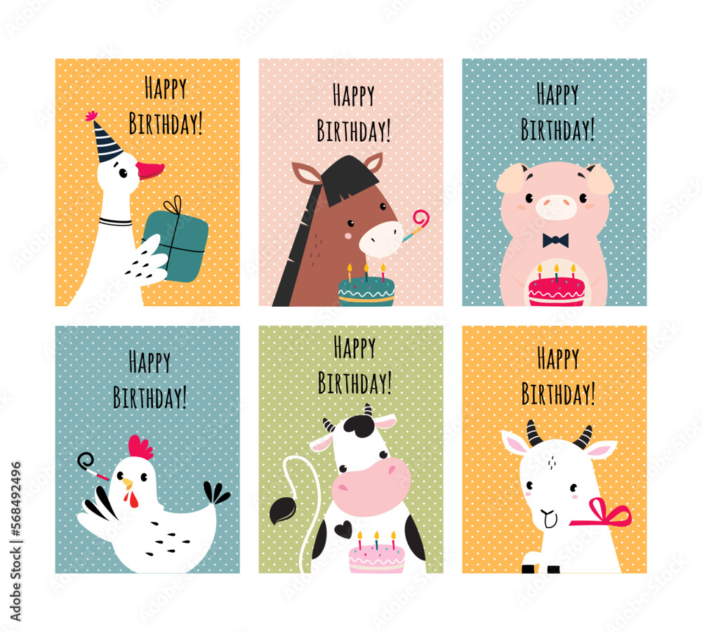 Canvas Prints happy birthday card with farm animal as holiday greeting and congratulation vector set