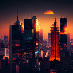 Fototapeta na wymiar Digital art generative AI. Amazing side view in center city during sunset.