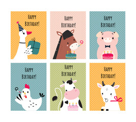 Happy Birthday Card with Farm Animal as Holiday Greeting and Congratulation Vector Set