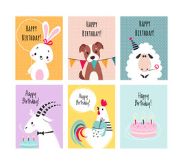Happy Birthday Card with Farm Animal as Holiday Greeting and Congratulation Vector Set