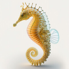 3D illustration of seahorse with gold color tones, realistic texture, isolated, rendered object