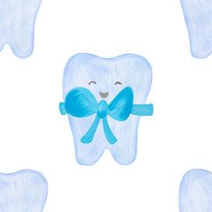 Tiny tooth watercolor pattern. Cute cartoon tiny tooth. Tooth fairy first tooth pattern. Hand drawn watercolor background digital paper