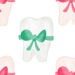 Tiny tooth watercolor pattern. Cute cartoon tiny tooth. Tooth fairy first tooth pattern. Hand drawn watercolor background digital paper