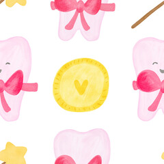 Tiny tooth watercolor pattern. Cute cartoon tiny tooth. Tooth fairy first tooth pattern. Hand drawn watercolor background digital paper