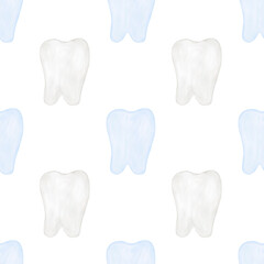 Tiny tooth watercolor pattern. Cute cartoon tiny tooth. Tooth fairy first tooth pattern. Hand drawn watercolor background digital paper