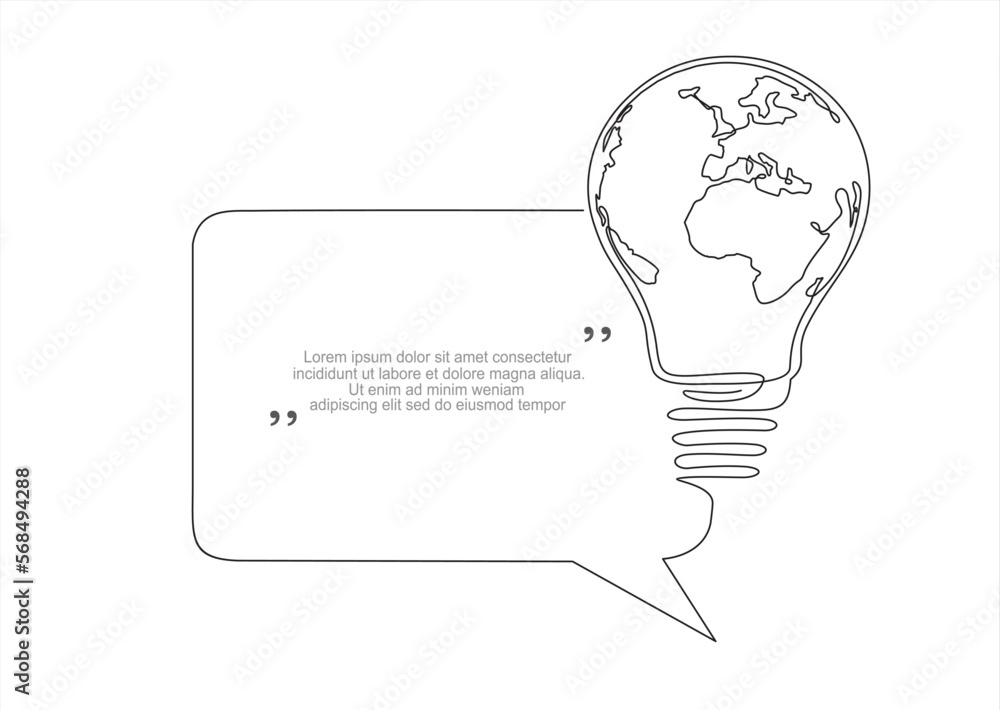 Poster continuous one line drawing of earth globe inside lightbulb and speech bubble. concept of eco innova