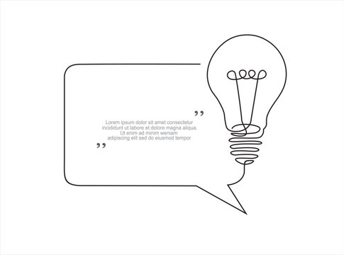Quick tips.Continuous one line drawing of light bulb and speech bubble. Trendy line art vector on a white background. Vector illustration.