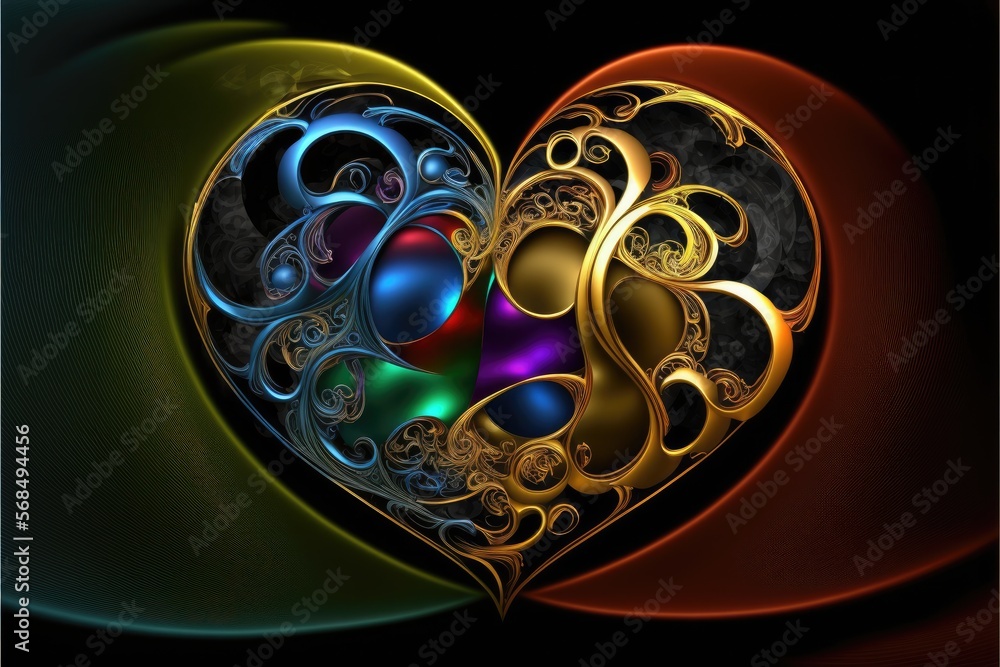 Poster abstract fractal heart on a black background. computer generated graphics.