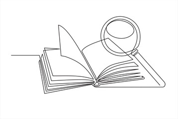 Magnifier hand drawn by one continuous line art drawing vector illustration minimalist design isolated on white background. A magnifying glass above an open book. Zoom in and discovery concept.