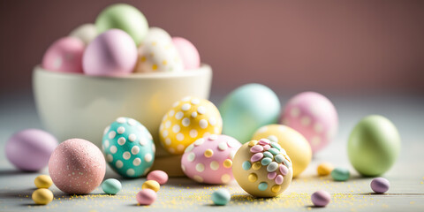 Fototapeta na wymiar Easter eggs website banner, pastel colors - chocolate, candy, space