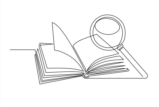Magnifier hand drawn by one continuous line art drawing vector illustration minimalist design isolated on white background. A magnifying glass above an open book. Zoom in and discovery concept.