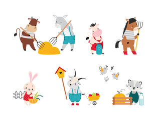 Cute Farm Animal on Ranch Engaged in Horticulture and Agriculture Vector Set