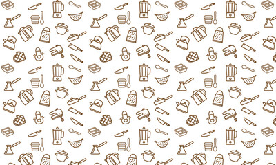 seamless pattern with kitchen utensils, spoons, caster blizzards, mixer, knife, teapot.