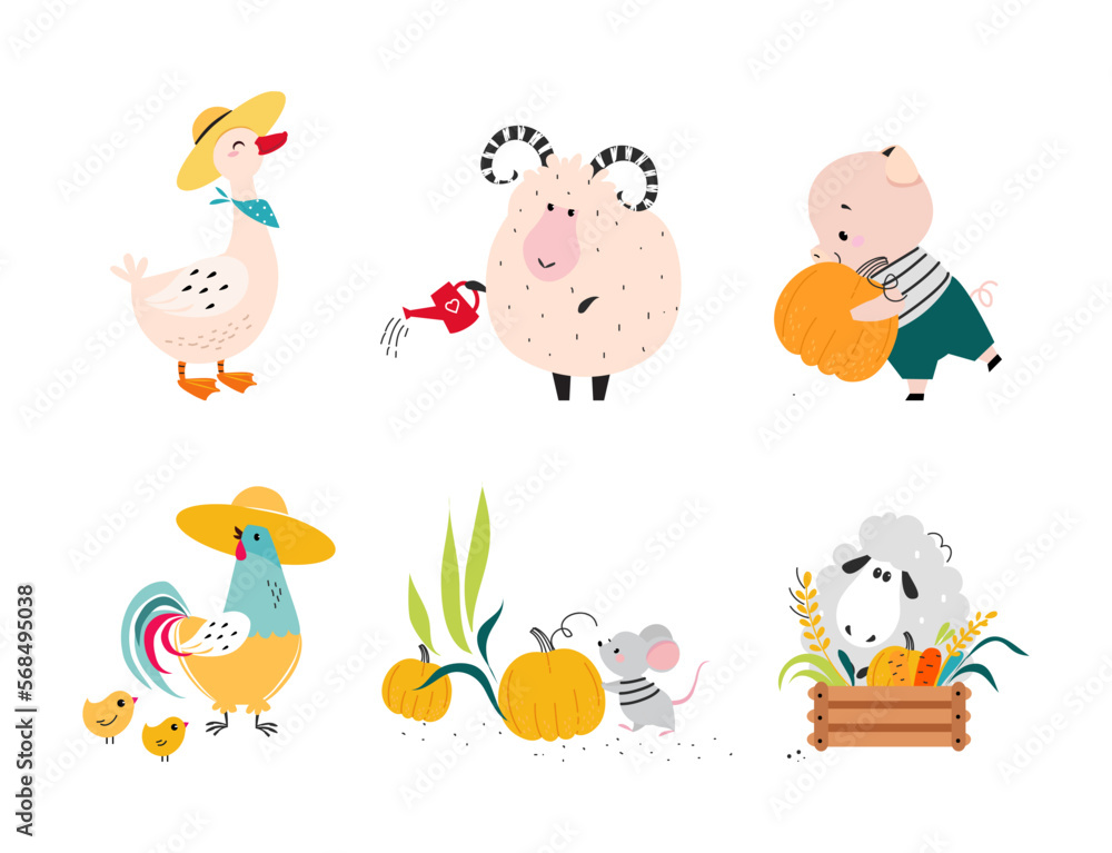 Poster Cute Farm Animal on Ranch Engaged in Horticulture and Agriculture Vector Set