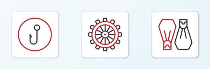 Set line Rubber flippers for swimming, Fishing hook and Ship steering wheel icon. Vector © vector_v