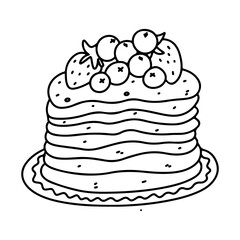 Cake with fruits on top in hand drawn doodle style. Isolated on white background. Coloring page.