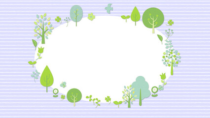 鳥や蝶が飛び回る、木と草花のフレーム 
背景透過無し
背景ストライプ
