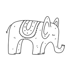 Funny elephant hand drawn doodle style. Isolated on white background. Coloring page.
