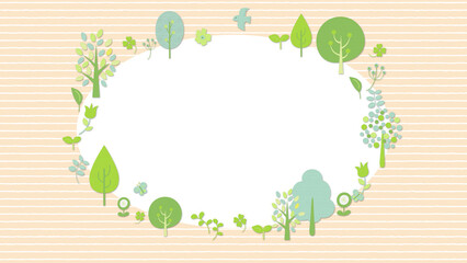 鳥や蝶が飛び回る、木と草花のフレーム 
背景透過無し
背景ストライプ
