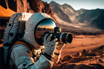 Astronaut photographer takes a photo of a landscape on an alien planet, the concept of travel, exploration and lifestyle, ai generated art - obrazy, fototapety, plakaty