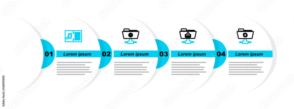 Poster set line ftp sync refresh, folder upload, settings and music book with note icon. vector