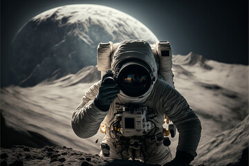 Astronaut photographer takes a photo of a landscape on the moon, concept of exploration, travel and discovery, uncharted space, ai generated