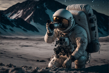 Astronaut photographer takes a photo of a landscape on the moon, concept of exploration, travel and discovery, uncharted space, ai generated 