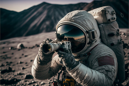 Astronaut photographer takes a photo of a landscape on the moon, concept of exploration, travel and discovery, uncharted space, ai generated