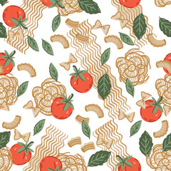 Seamless decorative pattern with pasta and tomatoes vector illustration on white background. Seamless background texture for noodles and pasta packagings and kitchen textile.