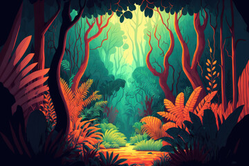 Fototapeta na wymiar Forest of a tropical rainforest with fantastical colors. Conceptual landscape with enigmatic backdrop. Generative AI
