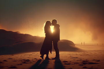 Silhouette of couple kissing on the coast created with Generative AI technology