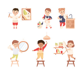 Cute Boy and Girl Doing Housework and Housekeeping Vector Set