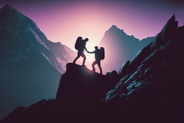 Fototapeta premium Silhouette hikers helping each other climb created with Generative AI technology