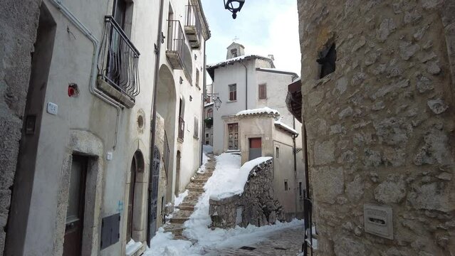 Scenic sight in Barrea during winter time, medieval village in Abruzzo, Italy.