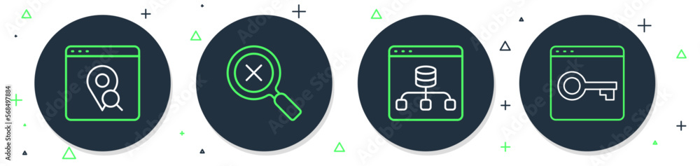 Poster set line magnifying glass and delete, server, data, infographic of city map and secure your site wit