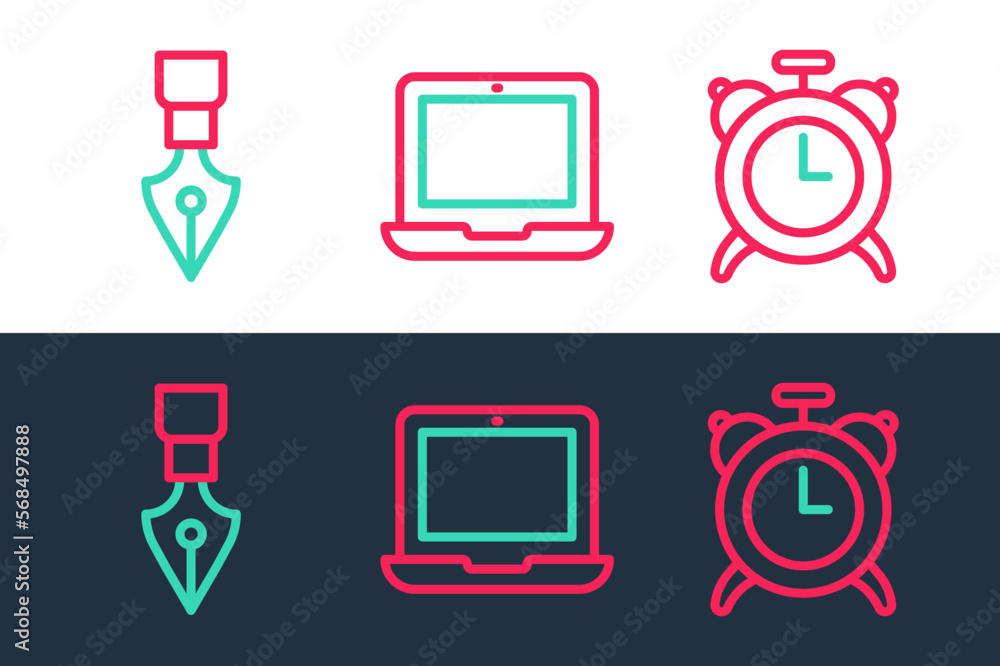 Poster set line alarm clock, fountain pen nib and laptop icon. vector