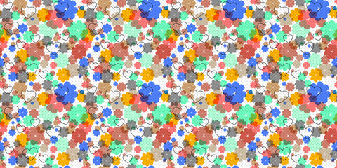 1970 Daisy Flowers Seamless Pattern in Multi-colored palette. Hand-Drawn Vector Illustration. Doodle Style, Groovy Background, Wallpaper, T-shirt. Hippie Aesthetic. Boho background design for kids.