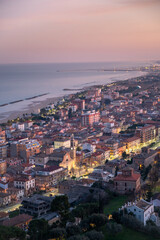 panoramic view, at sunset, of Grottammare and San Benedetto del Tronto from the village of Grottammare Alta. In the background the Adriatic Sea and the Sibillini mountains