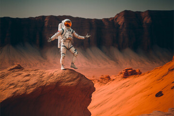 Astronaut on top of a cliff with outstretched arms and a feeling of freedom from the discovery of a new planet, a triumphant pose, the concept of travel, achieving goals and victories, ai created 