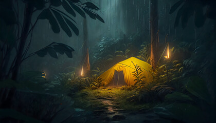 rain on a cozy tent in the forest, tropic, quiet, calm, peaceful, meditation, camping, night, relax