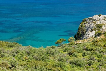 Landscape view with clear water in sunny weather from Kolymbia Rock near Kolymbia, Rhodes, Greece.