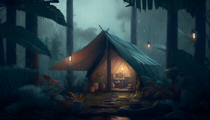 rain on the tent in the forest, tropic, quiet, calm, peaceful, meditation, camping, night, relax - obrazy, fototapety, plakaty