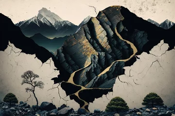 Foto op Canvas Un paysage de montagne kintsugi minimaliste. Idéal pour le papier peint. © Merilno