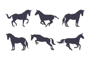 Black Silhouettes of Running Horses for Equestrian Sport Vector Set