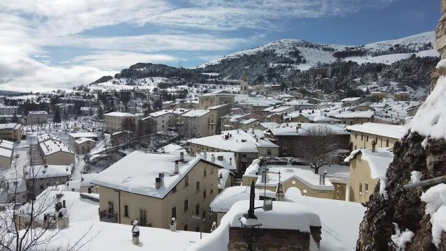 The beautiful village of Pescocostanzo covered in snow during winter time. Abruzzo, central Italy.