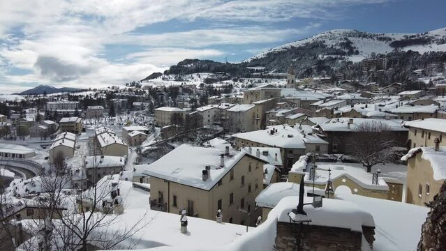 The beautiful village of Pescocostanzo covered in snow during winter time. Abruzzo, central Italy.